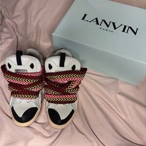 Lanvin White Leather High-Top Sneakers with Red Yellow Black Braided Straps